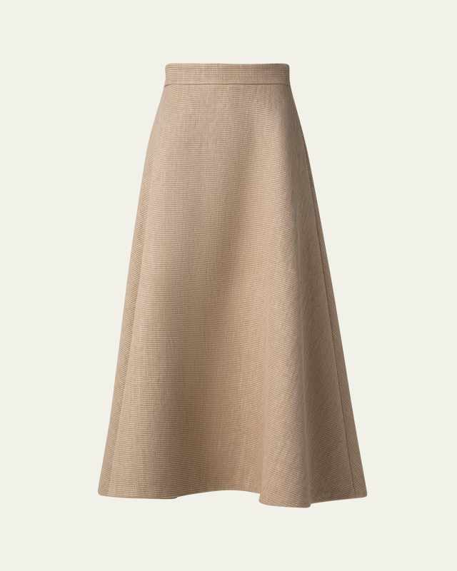 Flared Raffia Leather Trim Midi Skirt
